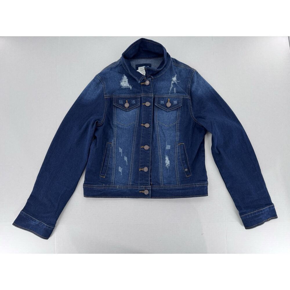Jvini Denim Jacket Women’s Sz M Dark Wash Distressed Button Pockets Casual